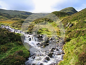 Wild Mountain Creek between Loch Skeen and Grey Mare`s Tail Waterfall in Scotland, Great Britain