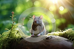 Wild mouse resting on the forest floor with lush green vegetation. Generative AI