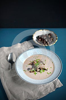 Wild mushroom chowder with forest chestnut, autumn meal