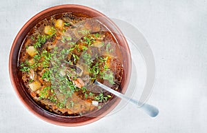 Wild mushroom mushroom soup in a brown clay plate and spoon on linen cloth top view, copy space