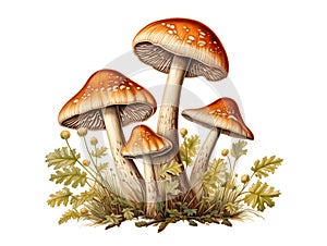 Wild mushrooms isolated on white, wild fungus with grass, ferns and moss, generated ai