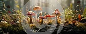 Wild mushrooms on a log in the forest, panoramic view, generated by ai