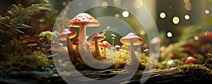 Wild mushrooms on a log in the forest, panoramic view, generated by ai