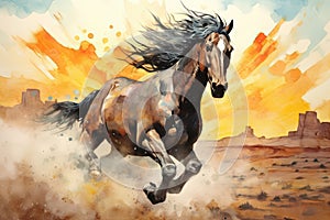 A wild mustang galloping through the desert at noon. Watercolor. Animal illustration. Generative AI