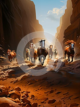 Wild Mustang Horses Galloping Desert Canyon Herd Running Animals Freedom