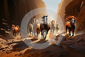 Wild Mustang Horses Galloping Desert Canyon Herd Running Animals Freedom