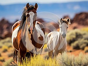 Ai Generated illustration Wildlife Concept of Wild mustang pinto paint horse mare colt foal nature