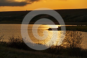 Wild natural landscape at sunset, golden color with dark silhouettes, late autumn, lake, dry grass, bare branches of trees without