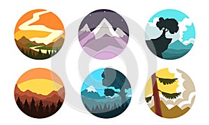 Wild Nature Landscapes in Circles Collection, Beautiful Mountain Sceneries at Different Times of Day Vector Illustration