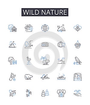 Wild nature line icons collection. Incredible beauty, Vast landscapes, Untamed wilderness, Endless horizons, Majestic