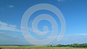 Wild nature and rural pasture field. Clouds swim around sky. White clouds floating to distance in blue sky. Timelapse.