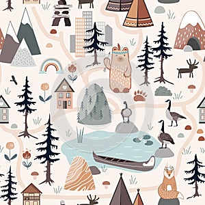 Wild nature seamless pattern. Forest, mountains, Indian teepee and canoe, houses and animals. Background for adventure