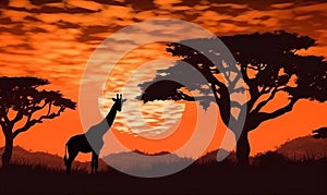 wild nature wildlife safari silhouette sunset africa elephant animal giraffe. Generative AI.