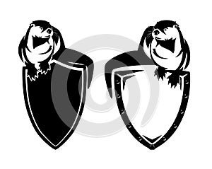 Wild otter and protection shield black and white vector heraldic design