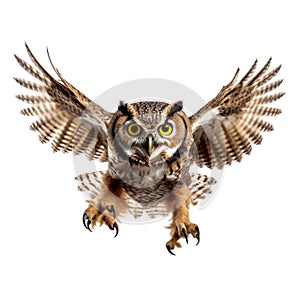 wild owl flying towards the camera, sinister predatory look, big eyes, wingspan, hunting pose, isolated