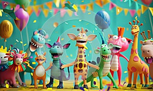 Wild party fantasy animals having fun. 3d characters