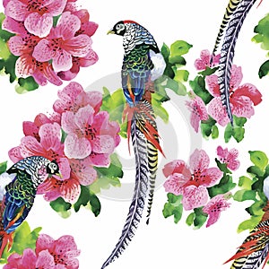 Wild Pheasant animals birds in watercolor floral seamless pattern