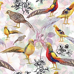 Wild Pheasant animals birds in watercolor floral seamless pattern