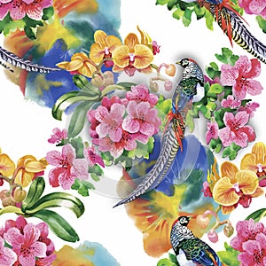 Wild Pheasant animals birds in watercolor floral seamless pattern