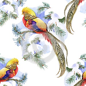 Wild Pheasant animals birds in watercolor floral seamless pattern