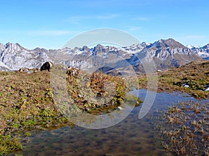 Wild and picturesque mountain landscape in the Swiss Alps on a beautiful day in late autumn with mountains and a great view and a