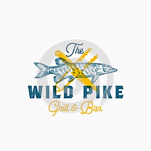 The Wild Pike. Abstract Vector Sign, Symbol or Logo Template. Hand Drawn Pike Fish with Knife and Tongs and Classy Retro