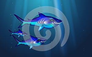 Wild predator sharks blue background small flock fish. Cartoon funny cant marine life optimized from banner design, this a happy