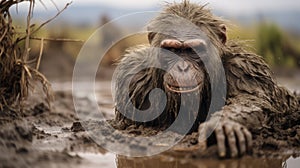 Wild Primate Covered In Mud: A Documentary-style Close-up