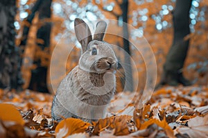 Wild rabbit and fallen autumn leaves. Generative AI