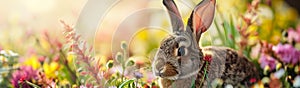 A wild rabbit in grass in meadow of Spring flowers, banner for Easter Sunday celebrations