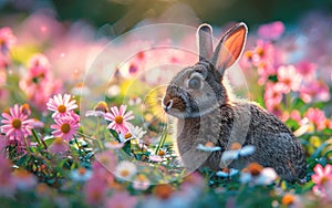 Wild Rabbit Sitting Amongst Vibrant Flowers in a Spring Meadow