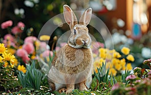 Wild Rabbit Sitting Amongst Vibrant Flowers in a Spring Meadow