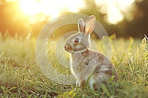 Wild rabbit in sunlit garden. Generative AI