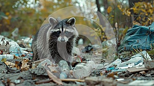 Wild raccoon studies plastic bottles and other garbage in landfill, environmental pollution, impact of pollution on animals