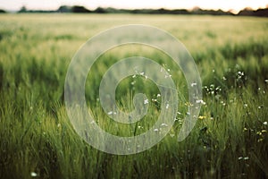 Wild radish white flowers among barley green stems in sunset light in summer field, closeup. Wildflowers and rye or wheat