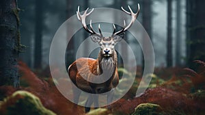 Wild red deer in nature at sunset, Mountain landscape wildlife view