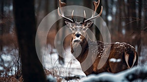 Wild red deer in nature at sunset Noble deer male in winter snow forest. Mountain landscape wildlife