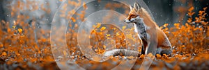 wild red fox in autumn on forest background. Panoramic wildlife landscape