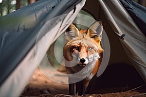 Wild red fox inspecting a camp tent in the forest