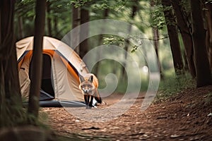 Wild red fox inspecting a camp tent in the forest