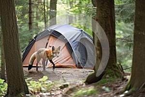 Wild red fox inspecting a camp tent in the forest