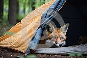 Wild red fox inspecting a camp tent in the forest