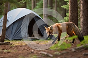 Wild red fox inspecting a camp tent in the forest