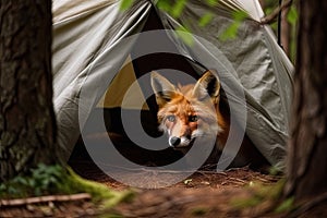 Wild red fox inspecting a camp tent in the forest