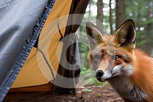 Wild red fox inspecting a camp tent in the forest