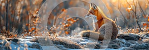 wild red fox in winter on snowy forest