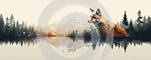 Wild red fox on wite background in wild nature. Fox design or graphic for t-shirt printing