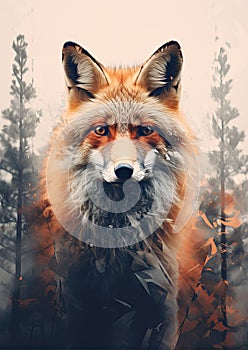 Wild red fox on wite background in wild nature. Fox design or graphic for t-shirt printing