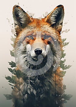 Wild red fox on wite background in wild nature. Fox design or graphic for t-shirt printing