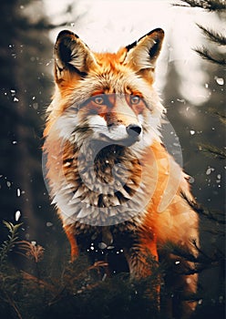 Wild red fox on wite background in wild nature. Fox design or graphic for t-shirt printing